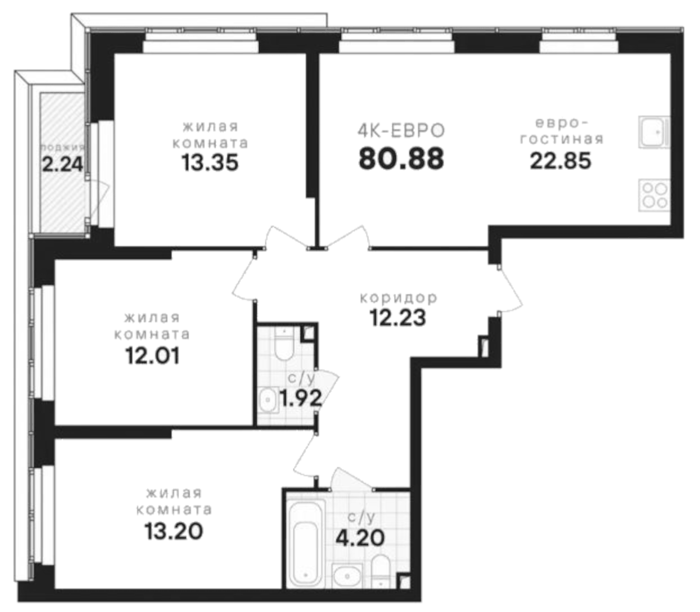 Планировка 4Е-к, 80,88 м² в ЖК Динамика