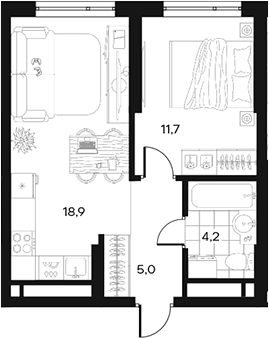 Планировка 1-к.кв, 39,8 м² в ЖК Дизайн-квартал АРТ