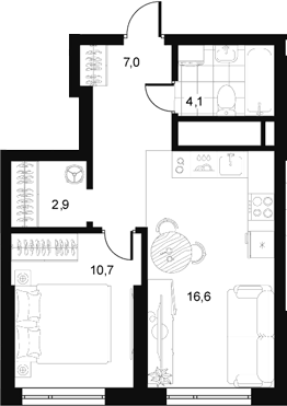 Планировка 1-к.кв, 41,3 м² в ЖК Дизайн-квартал АРТ