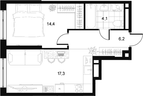 Планировка 1-к.кв, 42 м² в ЖК Дизайн-квартал АРТ