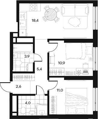 Планировка 2-к, 56,2 м² в ЖК Дизайн-квартал АРТ