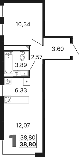 Планировка 2Е-к.кв, 38,8 м² в ЖК ДНК: Дом на Куйбышева