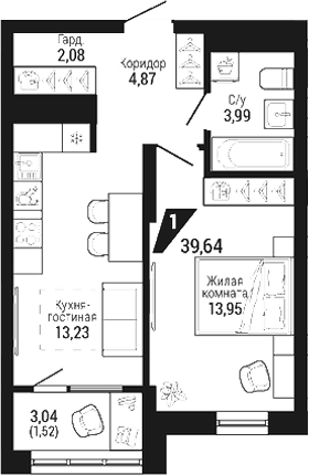 Планировка 1-к.кв, 39.64 м² в ЖК ЖК DOM 7