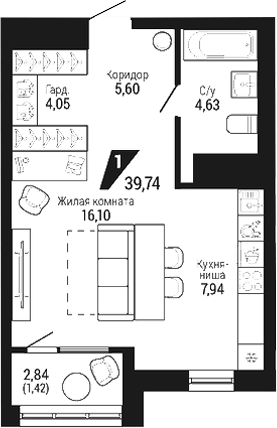 Планировка 1-к.кв, 39.74 м² в ЖК ЖК DOM 7