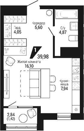 Планировка 1-к.кв, 39.98 м² в ЖК ЖК DOM 7