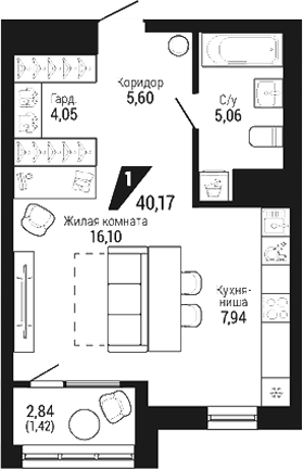 Планировка 1-к.кв, 40.17 м² в ЖК ЖК DOM 7