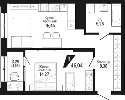 Планировка 1-к.кв, 46.04 м² в ЖК ЖК DOM 7