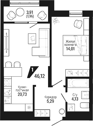 Планировка 1-к.кв, 46.12 м² в ЖК ЖК DOM 7