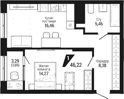 Планировка 1-к.кв, 46.22 м² в ЖК ЖК DOM 7