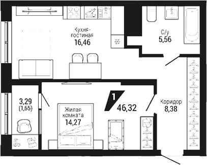 Планировка 1-к.кв, 46.32 м² в ЖК ЖК DOM 7