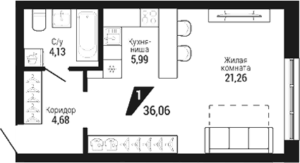 Планировка Студия, 36.06 м² в ЖК ЖК DOM 7
