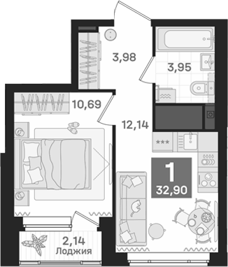 Планировка 1-к.кв, 32,9 м² в ЖК Дом Культурный
