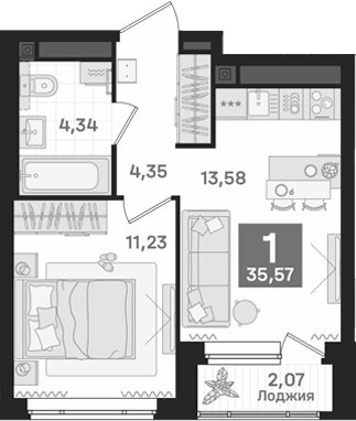 Планировка 1-к.кв, 35,57 м² в ЖК Дом Культурный
