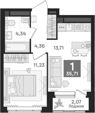 Планировка 1-к.кв, 35,71 м² в ЖК Дом Культурный