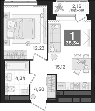 Планировка 2Е-к.кв, 37,27 м² в ЖК Дом Культурный