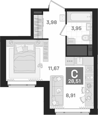 Планировка Студия, 28,51 м² в ЖК Дом Культурный