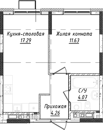 Планировка 1-к.кв, 37,25 м² в ЖК Дом Милый дом