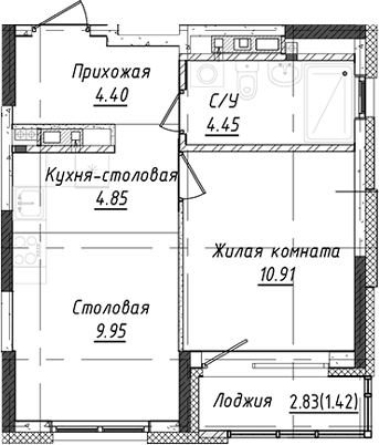Планировка 1-к.кв, 37,39 м² в ЖК Дом Милый дом