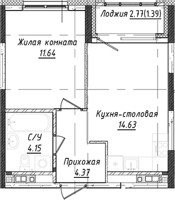 Планировка 1-к.кв, 37,56 м² в ЖК Дом Милый дом