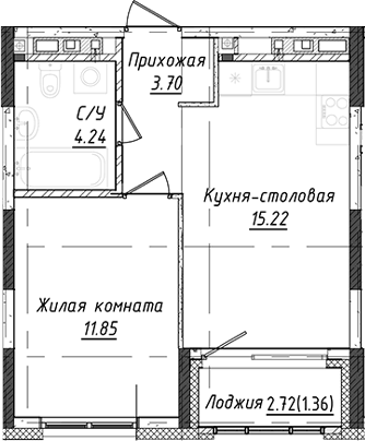 Планировка 1-к.кв, 37,73 м² в ЖК Дом Милый дом