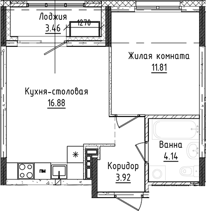 Планировка 1-к.кв, 40,21 м² в ЖК Дом Милый дом