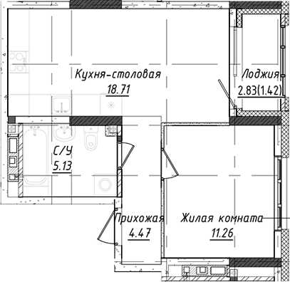 Планировка 1-к.кв, 42,4 м² в ЖК Дом Милый дом