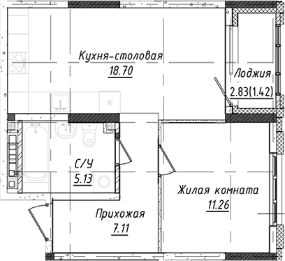 Планировка 1-к.кв, 45,03 м² в ЖК Дом Милый дом