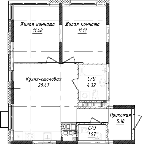 Планировка 2-к, 54,54 м² в ЖК Дом Милый дом