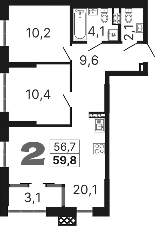 Планировка 3Е-к, 59,86 м² в ЖК Дом Милый дом