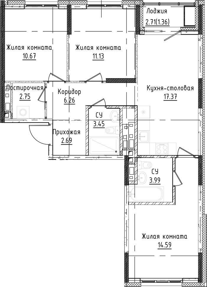 Планировка 3-к, 75,61 м² в ЖК Дом Милый дом