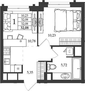 Планировка 1-к.кв, 32,08 м² в ЖК Дом на Ленинградской