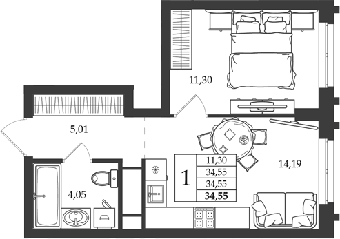 Планировка 1-к.кв, 34,55 м² в ЖК Дом на Ленинградской