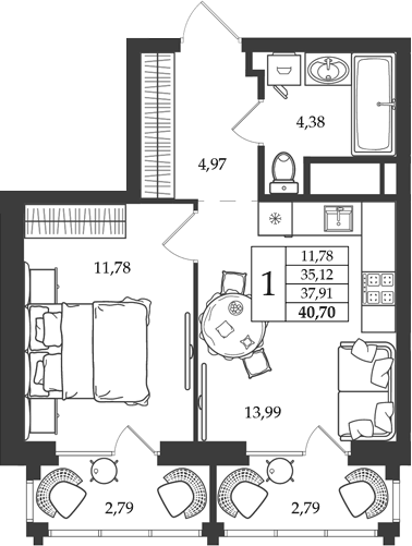 Планировка 1-к.кв, 37,91 м² в ЖК Дом на Ленинградской