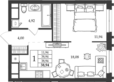 Планировка 1-к.кв, 38,94 м² в ЖК Дом на Ленинградской