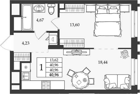 Планировка 1-к.кв, 40,96 м² в ЖК Дом на Ленинградской