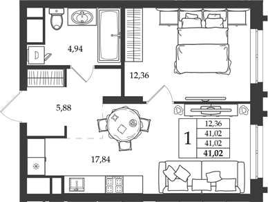 Планировка 1-к.кв, 41,02 м² в ЖК Дом на Ленинградской