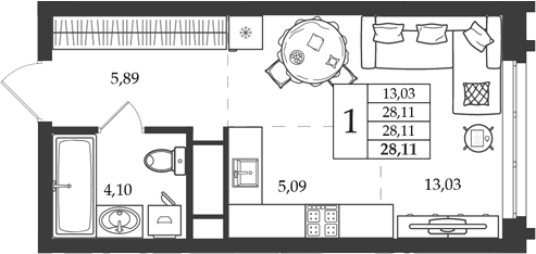 Планировка Студия, 28,11 м² в ЖК Дом на Ленинградской