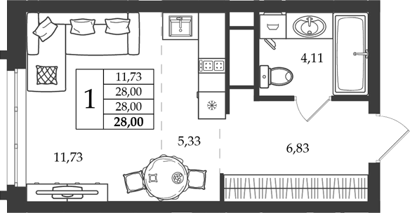 Планировка Студия, 28 м² в ЖК Дом на Ленинградской