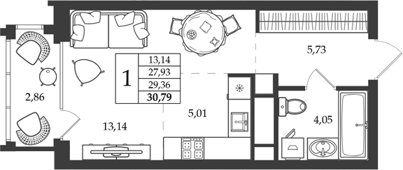 Планировка Студия, 29,36 м² в ЖК Дом на Ленинградской