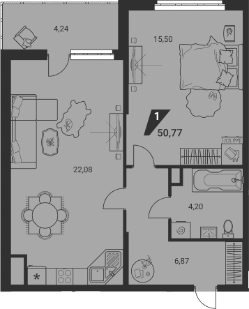 Планировка 1-к.кв, 50,77 м² в ЖК Дом на Ясной