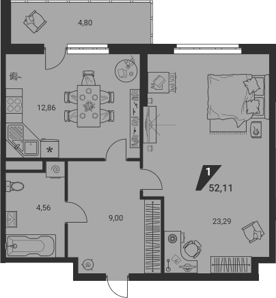Планировка 1-к.кв, 52,11 м² в ЖК Дом на Ясной