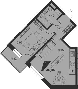 Планировка 2Е-к, 46,06 м² в ЖК Дом на Ясной