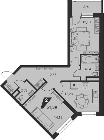 Планировка 2-к, 59,9 м² в ЖК Дом на Ясной