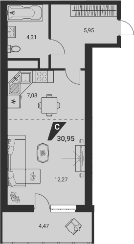 Планировка Студия, 30,95 м² в ЖК Дом на Ясной