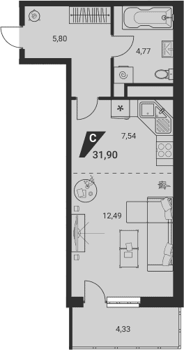 Планировка Студия, 31,9 м² в ЖК Дом на Ясной