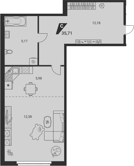 Планировка Студия, 35,71 м² в ЖК Дом на Ясной