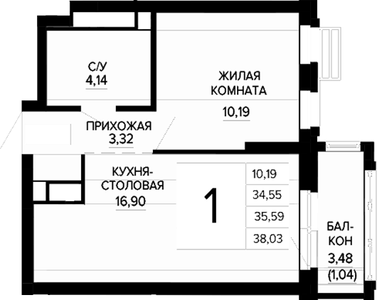 Планировка 1-к.кв, 38,03 м² в ЖК Доминанта
