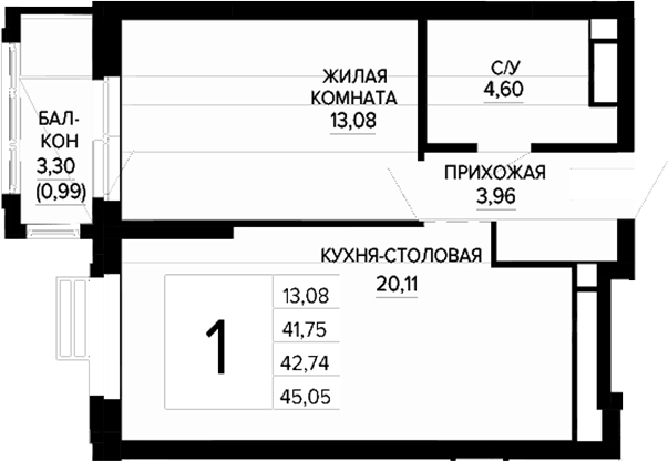 Планировка 1-к.кв, 45,05 м² в ЖК Доминанта