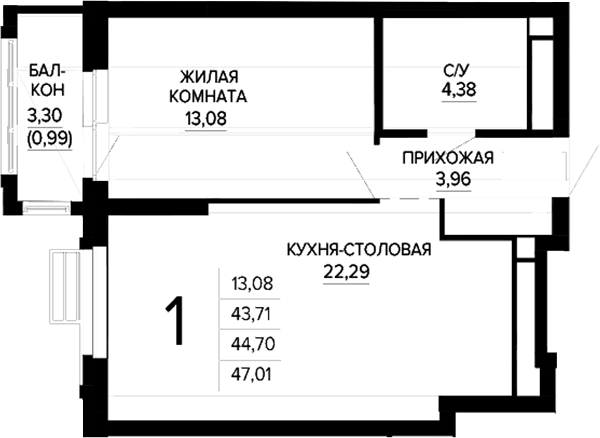Планировка 1-к.кв, 47,01 м² в ЖК Доминанта
