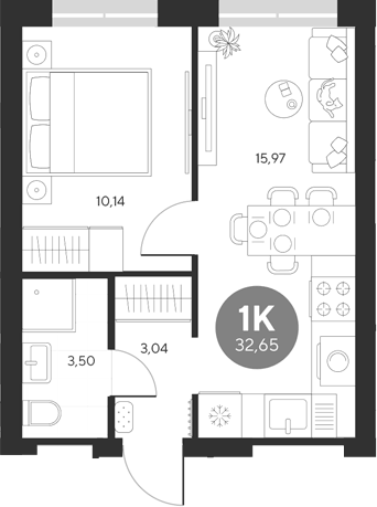 Планировка 1-к.кв, 32,65 м² в ЖК Эхо леса